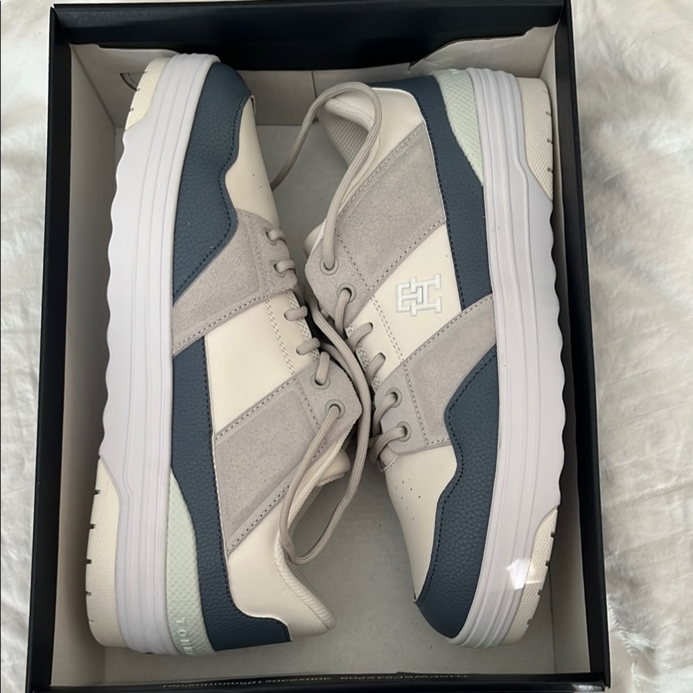 Leather Mixed Panel Cream and Blue Sneakers